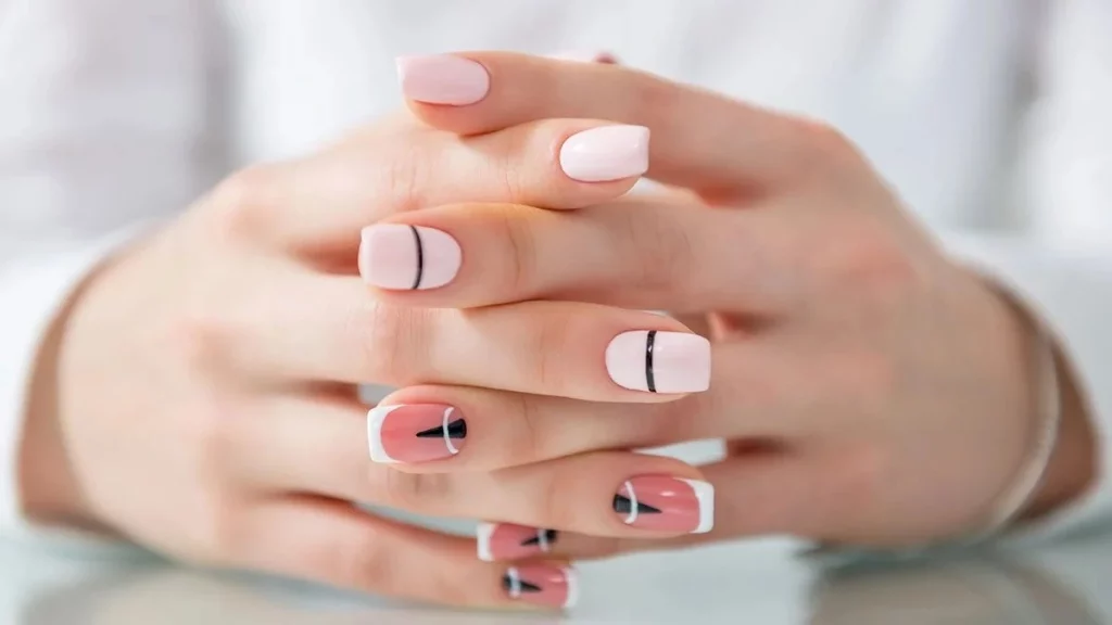 Geometric Art On Nude Nails line nail designs