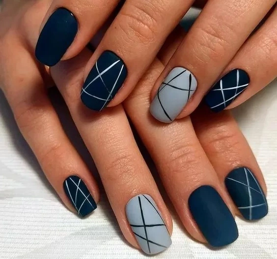 Gray and Black Matte Finish line nail designs